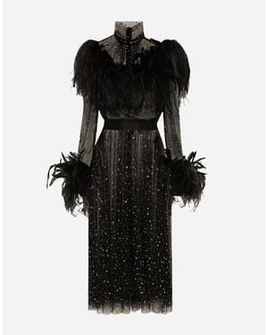 Dolce & Gabbana Calf-Length Stretch Tulle Dress With Fusible Rhinestones And Rooster And Ostrich Feather Embellishment - Black