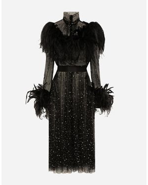 Dolce & Gabbana Calf-Length Stretch Tulle Dress With Fusible Rhinestones And Rooster And Ostrich Feather Embellishment - Black