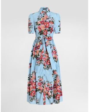 Dolce & Gabbana Flower Bouquet-Print Poplin Shirt Dress - White