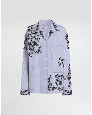 Dolce & Gabbana Cotton Vanity Shirt With Flowers Embroidery - Blue