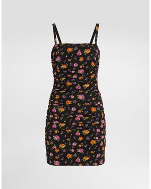 Dolce & Gabbana Small Rose Bouquets-Print Draped Charmeuse Dress - Black