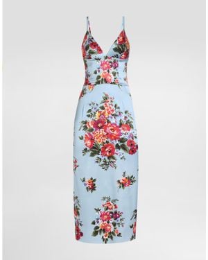 Dolce & Gabbana Flower Bouquet-Print Satin Dress - White