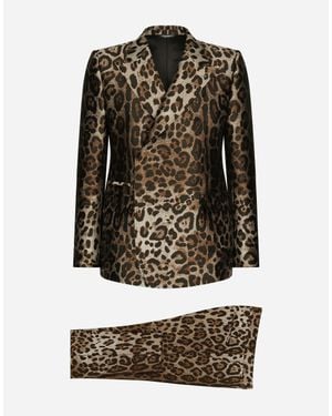 Dolce & Gabbana Double-Breasted Leopard-Design Jacquard Sicilia-Fit Suit - Black