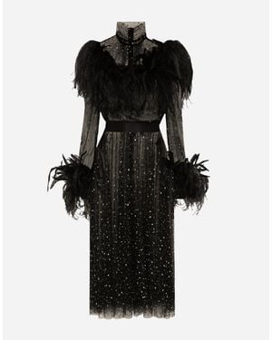 Dolce & Gabbana Calf-Length Stretch Tulle Dress With Fusible Rhinestones And Rooster And Ostrich Feather Embellishment - Black
