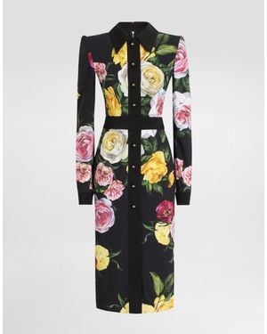 Dolce & Gabbana Calf-Length Cady Shirt Dress With Peony And Rose - Black
