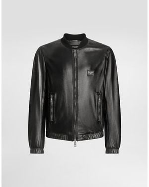 Dolce & Gabbana Lamb Leather Jacket With Front Metal Logo Plaque - Black