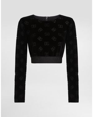 Dolce & Gabbana Cotton Chenille Crop Top With Jacquard Dg Logo - Black