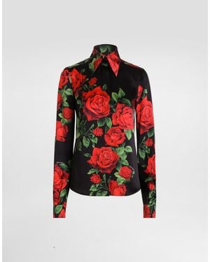 Dolce & Gabbana Camisa En Raso Con Estampado De Rosas - Rojo