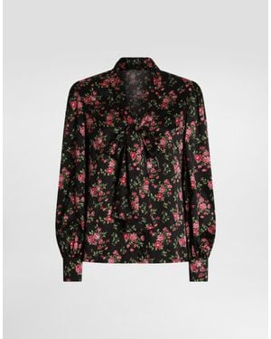 Dolce & Gabbana Small Rose Bouquet-Print Satin Shirt - Black