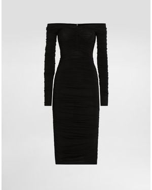 Dolce & Gabbana Organzine Draped Calf-Length Dress - Black