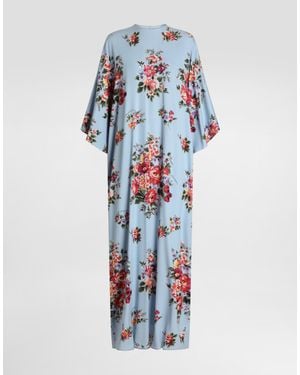 Dolce & Gabbana Flower Bouquet-Print Long Charmeuse Dress - Blue