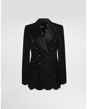 Dolce & Gabbana Double-Breasted Branded Floral Cordonetto Lace Turlington-Fit Jacket - Black