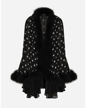 Dolce & Gabbana Chiffon Cape With Polka-Dot And Marabou Trim - Black