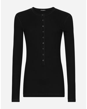 Dolce & Gabbana Long-sleeved Granddad-neck T-shirt In Washed Fine-rib Cotton - Black