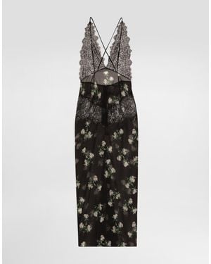 Dolce & Gabbana Violets-Print Dress With Lace Insert - White