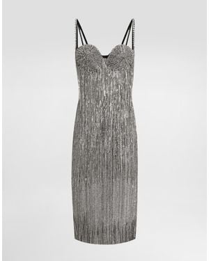 Dolce & Gabbana Marquisette Calf-Length Dress With Sequined Fringing - Gray