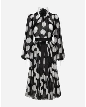 Dolce & Gabbana Polka Dot Long Sleeve Belted Chiffon Midi Dress - Black