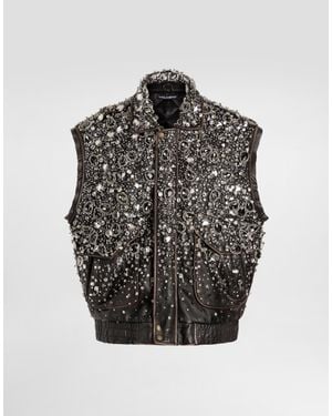 Dolce & Gabbana Vintage Leather Vest With Embroidery - Gris