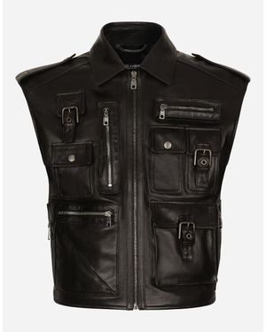 Dolce & Gabbana Bullhide Leather Cargo Gilet - Black
