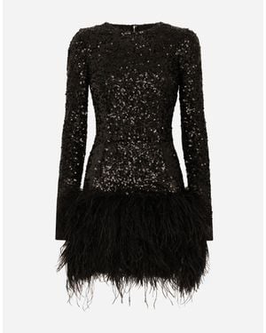 Dolce & Gabbana Short Sequined Dress With Feather Trim - Black