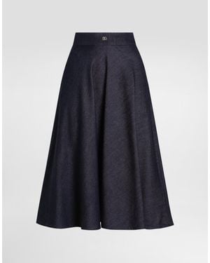Dolce & Gabbana Denim Calf-Length Circle Skirt With Dg Logo Pin - Blue
