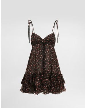 Dolce & Gabbana Small Rose-Print Short Chiffon Dress - Brown