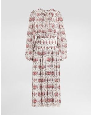 Dolce & Gabbana Small Flower Bouquets-Print Long Chiffon Dress - White