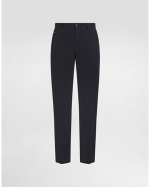 Dolce & Gabbana Stretch Cotton Trousers With Branded Tag - Blue