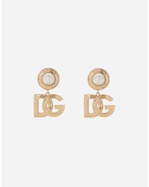 Dolce & Gabbana Orecchini Pendenti Con Cabochon E Logo Dg - Bianco