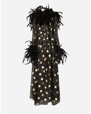 Dolce & Gabbana Feather-Trimmed Polka Dot Silk Organza Gown - Black