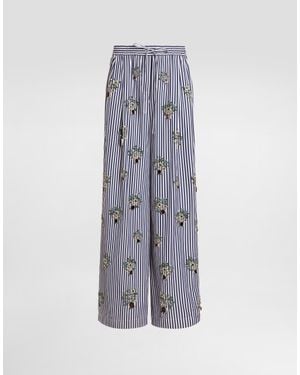Dolce & Gabbana Poplin Trousers With Crystal Flower Embroidery - Blue