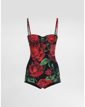 Dolce & Gabbana Costume Intero A Balconcino Stampa Rose - Rosso