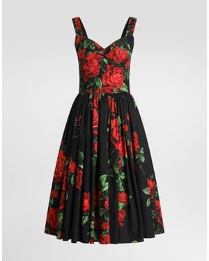 Dolce & Gabbana Vestido En Popelina Con Estampado De Rosas - Rojo