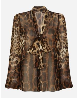 Dolce & Gabbana Leopard-Print Chiffon Pussy-Bow Shirt - Brown