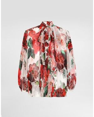 Dolce & Gabbana Chiffon Pussy-Bow Blouse With Rose - レッド