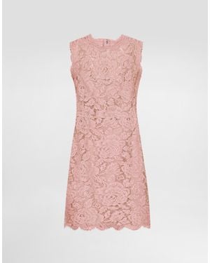 Dolce & Gabbana Sleeveless Floral Lace A-Line Dress With Dg Logo - Pink