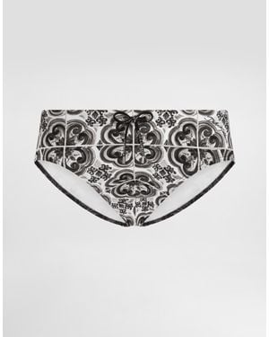 Dolce & Gabbana Bañador Slip Con Estampado De Mayólica - Blanco