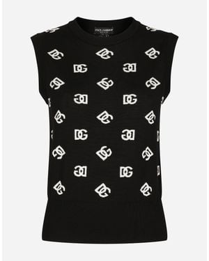 Dolce & Gabbana Wool And Silk Vest With All-Over Dg Logo - Black