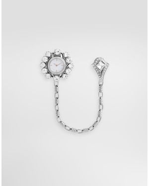 Dolce & Gabbana Flower Watch Brooch With Rhinestones - White
