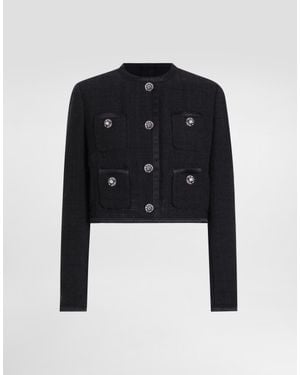 Dolce & Gabbana Cropped Single-Breasted Raschel Tweed Jacket With Bejeweled Buttons - Black