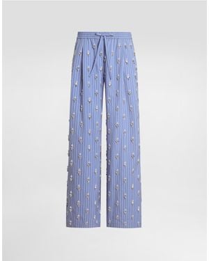 Dolce & Gabbana Poplin Pants With Crystal Flower Embroidery - Blue
