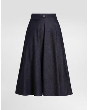 Dolce & Gabbana Denim Calf-Length Circle Skirt With Dg Logo Pin - Blue