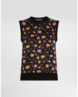 Dolce & Gabbana Small Rose Bouquets-Print Silk Tank Top - Black