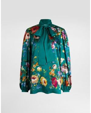 Dolce & Gabbana Rose-Print Satin Shirt - Blue