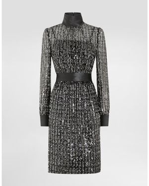 Dolce & Gabbana Midi Dress With Vertical Sequin Stripe Embroidery - Gray