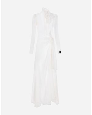 Dolce & Gabbana Long Silk Chiffon Dress With Bow Detail - White