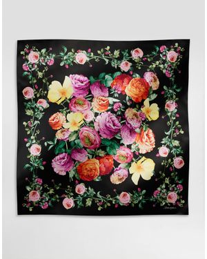 Dolce & Gabbana Peonies- Silk Twill Foulard (90X90) - Black