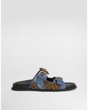 Dolce & Gabbana Flache Pantolette Aus Denim Mit Stickereien - Blau