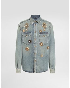 Dolce & Gabbana Denim Shirt With Bejeweled Appliqués - Blue