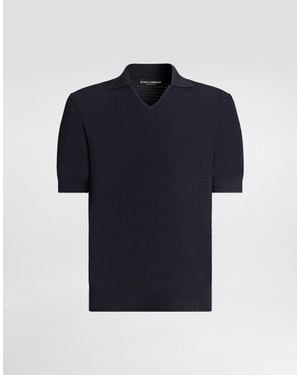 Dolce & Gabbana Silk Polo Shirt With Micro-Stitch Detailing - Blue